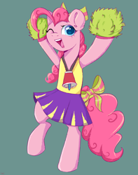 Size: 3590x4547 | Tagged: safe, artist:ske, pinkie pie, earth pony, pony, g4, bipedal, bow, cheerleader, cheerleader outfit, cheerleader pinkie, clothes, female, green background, hair bow, mare, megaphone, one eye closed, open mouth, pom pom, raised hoof, simple background, skirt, solo, tail, tail bow