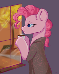 Size: 3590x4547 | Tagged: safe, artist:ske, pinkie pie, earth pony, pony, g4, autograph, autumn, bench, clothes, coffee, cup, ear fluff, side view, solo, tree, window