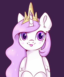 Size: 3000x3600 | Tagged: safe, artist:ske, princess celestia, alicorn, pony, g4, :p, commission, crown, cute, cutelestia, ear fluff, female, filly, filly celestia, foal, folded wings, high res, jewelry, looking at you, mare, pink-mane celestia, purple background, regalia, simple background, solo, tongue out, weapons-grade cute, wings, young, young celestia, younger