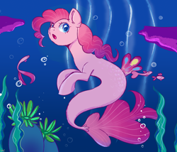Size: 2800x2400 | Tagged: safe, artist:ske, pinkie pie, earth pony, fish, pony, seapony (g4), g4, blue eyes, bubble, digital art, dorsal fin, female, fish tail, flowing mane, flowing tail, high res, mare, ocean, open mouth, pink mane, seaponified, seapony pinkie pie, seaquestria, seaweed, solo, species swap, swimming, tail, underwater, water