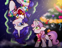 Size: 1368x1063 | Tagged: safe, artist:petaltwinkle, rarity, sweetie belle, pony, unicorn, g4, belle sisters, blushing, christmas, christmas lights, christmas tree, clothes, duo, female, filly, foal, frown, holiday, levitation, looking at each other, looking at someone, magic, mare, scarf, shawl, siblings, sisters, tangled up, telekinesis, tree, upside down