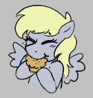 Size: 135x142 | Tagged: safe, artist:dsstoner, derpy hooves, pegasus, pony, g4, aggie.io, eating, eyes closed, female, food, lowres, mare, muffin, simple background, smiling, spread wings, wings