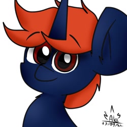 Size: 1024x1024 | Tagged: safe, artist:nhale, oc, oc only, oc:fizark catto, pony, unicorn, autograph, big ears, chest fluff, eyebrows, eyebrows visible through hair, looking at you, male, red eyes, short hair, simple background, smiling, smiling at you, solo, white background
