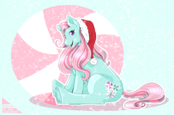 Size: 4600x3050 | Tagged: safe, artist:katarablankart, minty, earth pony, pony, g3, candy, christmas, female, food, hat, holiday, looking at you, mare, santa hat, sitting, solo