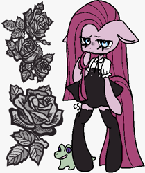 Size: 421x503 | Tagged: safe, artist:cutiesparke, gummy, pinkie pie, earth pony, semi-anthro, g4, arm hooves, bipedal, clothes, dress, ears back, flower, goth, gothic lolita, leggings, lolita fashion, pinkamena diane pie, plushie, rose, simple background, solo, stockings, thigh highs, white background