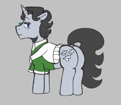 Size: 439x381 | Tagged: safe, artist:dsstoner, jet set, pony, unicorn, g4, aggie.io, butt, clothes, dock, frown, gray background, looking back, lowres, male, plot, raised tail, shirt, simple background, solo, stallion, sweater, tail