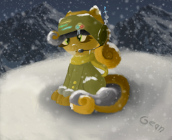 Size: 4925x4001 | Tagged: safe, artist:gean, oc, oc only, oc:dust ball, earth pony, pony, clothes, coat, complex background, digital painting, helmet, microphone, mountain, mountain range, painting, scarf, sitting, snow, snowfall, solo