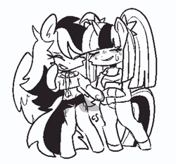 Size: 746x696 | Tagged: safe, artist:cutiesparke, rainbow dash, twilight sparkle, pegasus, unicorn, semi-anthro, g4, arm hooves, black and white, chest fluff, clothes, duo, ear fluff, eyes closed, female, grayscale, grin, happy, jacket, lesbian, midriff, monochrome, pants, pigtails, ship:twidash, shipping, short shirt, shorts, simple background, smiling, sweat, sweatdrop, sweater, twintails, white background