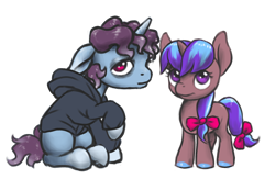 Size: 1560x1080 | Tagged: safe, artist:multiverseequine, derpibooru exclusive, oc, oc only, oc:boreal evening, oc:terracotta light, pony, unicorn, bow, brother and sister, clothes, colored, colored hooves, colt, daybreak island, duo, female, filly, foal, full body, hair bow, hoodie, horn, looking at you, male, multicolored hair, pony oc, purple eyes, red eyes, siblings, simple background, sitting, smiling, tail, tail bow, transparent background, unicorn oc, young
