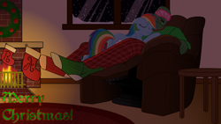 Size: 3840x2160 | Tagged: safe, artist:legendoflink, rainbow dash, oc, oc:anon, human, pegasus, pony, g4, chair, christmas, christmas stocking, christmas wreath, clothes, cute, dashabetes, duo, eyes closed, female, fire, fireplace, high res, holiday, human male, male, mare, merry christmas, recliner, sleep mask, sleeping, smiling, snow, snowfall, sweater, text, window, wreath