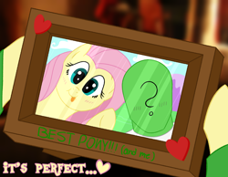 Size: 4500x3500 | Tagged: safe, artist:legendoflink, part of a set, fluttershy, oc, oc:anon, human, pegasus, pony, g4, bust, dialogue, duo, heart, hearth's warming, holding up, looking at you, picture frame, portrait, simple background, text, wholesome, wingding eyes