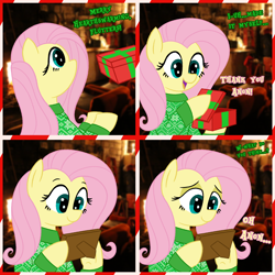 Size: 3500x3500 | Tagged: safe, artist:legendoflink, fluttershy, pony, g4, 4 panel comic, christmas, clothes, comic, dialogue, female, heart, heart eyes, hearth's warming, high res, holiday, implied anon, mare, picture frame, present, smiling, solo, sweater, wingding eyes