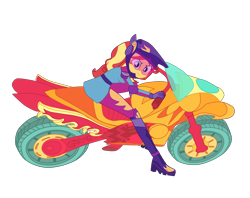 Size: 4500x3559 | Tagged: safe, artist:gmaplay, sunset shimmer, human, equestria girls, g4, my little pony equestria girls: friendship games, absurd resolution, clothes, female, helmet, motorcycle, riding, simple background, solo, transparent background, uniform