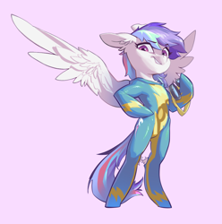 Size: 1882x1897 | Tagged: source needed, safe, artist:blue ink, oc, oc:lightning dash, pegasus, pony, bipedal, clothes, ear fluff, goggles, pegasus oc, pink background, simple background, solo, spread wings, uniform, wings, wonderbolts uniform
