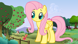 Size: 837x471 | Tagged: safe, edit, edited screencap, screencap, big macintosh, fluttershy, pinkie pie, g4, apple, apple tree, fence, giantshy, macro, sweet apple acres, tree