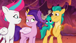 Size: 3072x1727 | Tagged: safe, screencap, hitch trailblazer, pipp petals, sparky sparkeroni, zipp storm, dragon, earth pony, pegasus, pony, firework-ing together, g5, my little pony: tell your tale, spoiler:g5, spoiler:my little pony: tell your tale, spoiler:tyts01e42, baby, baby dragon, female, frown, high res, male, mare, stallion, youtube link