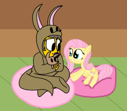 Size: 580x507 | Tagged: safe, artist:haileykitty69, fluttershy, human, kangaroo, pegasus, pony, g4, ageplay, beanbag chair, clothes, costume, crack shipping, crossed legs, crossover, crossover shipping, cushion, duo, female, fluttermour, kigurumi, looking at each other, looking at someone, male, mare, onesie, pacifier, plushie, seymour skinner, shipping, sitting, smiling, the simpsons