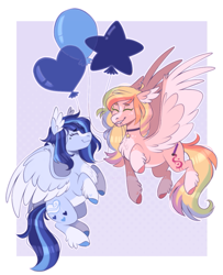Size: 1063x1307 | Tagged: safe, artist:wanderingpegasus, oc, oc only, pegasus, pony, balloon, chest fluff, duo, ear fluff, eyes closed, heart, heart balloon, mouth hold, pegasus oc, smiling, spread wings, wings