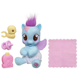 Size: 600x600 | Tagged: safe, cottonbelle, duck, pegasus, pony, g4, baby, baby pony, blanket, blue coat, blushing, bow, cute, diaper, hair bow, heart, heart eyes, logo, my little pony logo, not rainbow dash, pacifier, purple eyes, purple mane, so soft, so soft pony, toy, wingding eyes