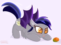 Size: 5420x4034 | Tagged: safe, artist:winstiky, oc, oc only, oc:echo, bat pony, pony, bat pony oc, blushing, face down ass up, female, food, fruit, imminent nom, mango, mare, solo, spread wings, starry eyes, tongue out, wingding eyes, wings