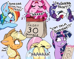 Size: 2343x1882 | Tagged: safe, artist:galaxy swirl, applejack, fluttershy, pinkie pie, rainbow dash, rarity, twilight sparkle, alicorn, earth pony, pegasus, pony, unicorn, g4, calendar, checklist, confetti, cross-popping veins, crying, emanata, glowing, glowing horn, horn, magic, magic aura, mane six, new year, ocular gushers, one of these things is not like the others, telekinesis, twilight sparkle (alicorn), upside down