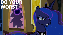 Size: 1920x1080 | Tagged: safe, edit, edited screencap, editor:quoterific, screencap, princess luna, tantabus, alicorn, pony, do princesses dream of magic sheep, g4, behind you, crown, female, gritted teeth, jewelry, luna is not amused, mare, peytral, regalia, teeth, unamused