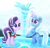 Size: 2369x2297 | Tagged: safe, artist:theretroart88, starlight glimmer, trixie, pony, unicorn, g4, clothes, duo, duo female, equestria girls outfit, female, glowing, glowing horn, grin, high res, horn, mare, movie accurate, one-piece swimsuit, smiling, swimsuit, water, water jet