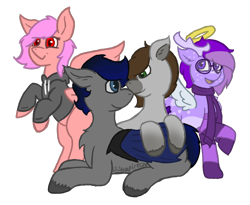 Size: 838x688 | Tagged: safe, artist:lil_vampirecj, oc, oc only, oc:cj vampire, oc:stew, oc:tracy, oc:zephyr star, bat pony, deer, earth pony, pegasus, pony, 2023 community collab, derpibooru, derpibooru community collaboration, antlers, clothes, colored, commission, deer oc, fanart, flat colors, folded wings, group, halo, hoodie, looking at each other, looking at someone, meta, non-pony oc, raised hoof, simple background, spread wings, stockings, thigh highs, transparent background, tribute, wings