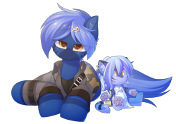Size: 2160x1524 | Tagged: safe, artist:movieskywalker, derpibooru exclusive, oc, oc only, oc:dark straw, oc:margit upfarvis, hybrid, pony, zony, 2023 community collab, derpibooru community collaboration, blue skin, cheongsam, clothes, dress, female, hairpin, looking at you, lying down, multicolored hair, paw pads, plushie, simple background, solo, transparent background, yellow eyes, zony oc