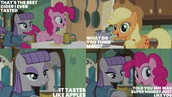 Size: 4400x2475 | Tagged: safe, edit, edited screencap, editor:quoterific, screencap, applejack, maud pie, pinkie pie, earth pony, pony, g4, maud pie (episode), season 4, applejack's hat, cider mug, cowboy hat, hat, mug, stetson, trio