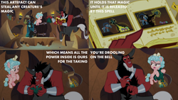 Size: 2000x1125 | Tagged: safe, edit, edited screencap, editor:quoterific, screencap, cozy glow, grogar, lord tirek, queen chrysalis, g4, the ending of the end, bell, drool, grogar's bell
