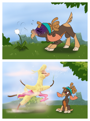 Size: 1900x2550 | Tagged: safe, artist:thescornfulreptilian, paprika (tfh), shanty (tfh), alpaca, goat, them's fightin' herds, blowing, cloven hooves, community related, dandelion, duo, female, shanty is not amused, unamused