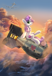 Size: 3445x5000 | Tagged: safe, artist:atlas-66, sweetie belle, pony, unicorn, g4, atomic bomb, boeing, bomb, bomber, dr. strangelove, nuclear weapon, older, older sweetie belle, pinup, plane, rds-1, riding a bomb, slender, solo, soviet union, thin, this will end in explosions, tu-4 bull, weapon