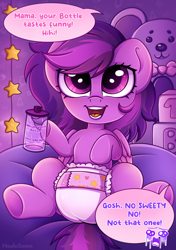 Size: 1690x2403 | Tagged: safe, artist:madelinne, oc, oc only, oc:emilia starsong, pegasus, pony, bottle, commission, cute, diaper, helium voice, open mouth, open smile, potion, smiling