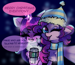 Size: 1620x1412 | Tagged: safe, artist:minty--fresh, pinkie pie, twilight sparkle, pony, unicorn, g4, breaking the fourth wall, bundled up, chest fluff, christmas, clothes, hat, holiday, magic, scarf, smiling, snow, speech bubble, starbucks, striped scarf, telekinesis