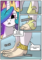 Size: 1614x2283 | Tagged: safe, artist:rex-equinox, part of a set, princess celestia, human, comic:from princess to president, g4, clothes, comic, commission, dialogue, hand, hoof shoes, humanized, pony to human, princess shoes, speech bubble, transformation, transforming clothes, watch