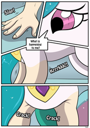 Size: 1614x2283 | Tagged: safe, artist:rex-equinox, part of a set, princess celestia, human, comic:from princess to president, g4, comic, commission, humanized, onomatopoeia, pony to human, sound effects, speech bubble, transformation