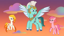 Size: 3072x1727 | Tagged: safe, screencap, flare (g5), thunder flap, windy, pegasus, pony, firework-ing together, g5, my little pony: tell your tale, spoiler:g5, spoiler:my little pony: tell your tale, spoiler:tyts01e42, :o, female, flying, frown, high res, male, mare, open mouth, pegasus royal guard, royal guard, spread wings, stallion, trio, wings, youtube link