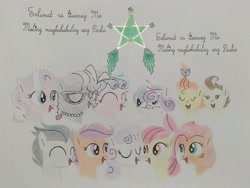 Size: 4160x3120 | Tagged: safe, artist:don2602, apple bloom, babs seed, cozy glow, diamond tiara, pound cake, princess flurry heart, pumpkin cake, rumble, scootaloo, silver spoon, sweetie belle, alicorn, earth pony, pegasus, pony, unicorn, comic:star of christmas, g4, bow, cake twins, cutie mark crusaders, eyes closed, filipino, glasses, hair bow, headband, jewelry, lantern, looking up, necklace, siblings, singing, song reference, tiara, traditional art, translated in the description, twins