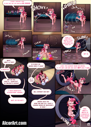 Size: 1275x1775 | Tagged: safe, artist:alcor, pinkie pie, earth pony, pony, anthro, plantigrade anthro, comic:double trouble (alcor), g4, anthro ponidox, barefoot, breasts, busty pinkie pie, comic, duality, duo, duo female, feet, female, mare, pinkie being pinkie, pinkie pie is not amused, ponk, self ponidox, unamused