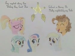 Size: 4160x3120 | Tagged: safe, artist:don2602, bon bon, cheese sandwich, derpy hooves, luster dawn, lyra heartstrings, sweetie drops, earth pony, pegasus, pony, unicorn, comic:star of christmas, g4, abs cbn all star, eyes closed, filipino, lantern, looking at each other, looking at someone, singing, song reference, traditional art, translated in the description