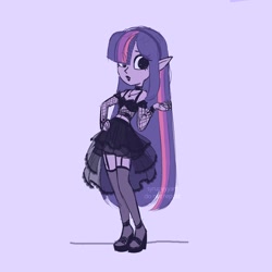 Size: 2500x2500 | Tagged: safe, artist:syrupyyy, twilight sparkle, human, equestria girls, g4, choker, clothes, detached sleeves, dress, elf ears, fishnet stockings, garter belt, gothic lolita, hair over one eye, high res, lolita fashion, midriff, purple background, sandals, simple background, solo, stockings, thigh highs