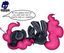 Size: 4154x3460 | Tagged: safe, artist:damlanil, pinkie pie, earth pony, pony, series:becoming submissive, g4, bdsm, blindfold, bodysuit, bondage, bondage mask, boots, catsuit, clothes, collar, comic, commission, corset, female, gag, gimp suit, high heels, hood, latex, latex boots, latex suit, leash, lying down, magic, magic aura, mare, muzzle gag, on back, rubber, shiny, shoes, show accurate, simple background, solo, speech bubble, story, story included, suit, text, transparent background, vector