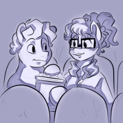 Size: 768x768 | Tagged: safe, artist:smirk, oc, oc only, oc:mayfly, oc:thrush song, pony, braces, chubby, clothes, date, duo, food, freckles, glasses, monochrome, ponytail, popcorn, theater
