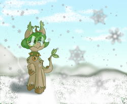 Size: 1774x1454 | Tagged: safe, artist:pagophasia, derpibooru exclusive, oc, oc only, oc:hortis culture, hybrid, pony, blurry, blurry background, cloud, collar, day, ear tufts, full body, glasses, hill, horns, leaf, looking sideways, nonbinary, raised hoof, round glasses, smiling, snow, snowfall, snowflake, solo, unshorn fetlocks, wings