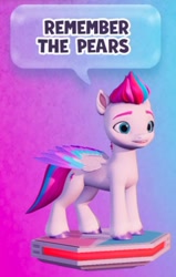 Size: 495x777 | Tagged: safe, gameloft, zipp storm, pegasus, pony, g5, my little pony: mane merge, dialogue, female, gradient background, mare, message, platform, remember the pears, slender, solo, speech bubble, thin, wat