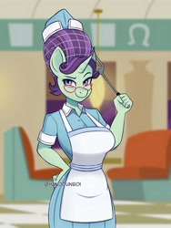 Size: 1620x2160 | Tagged: oc name needed, safe, artist:handgunboi, unicorn, anthro, apron, background pony, clothes, commission, diner, diner uniform, female, glasses, hair net, solo, spatula