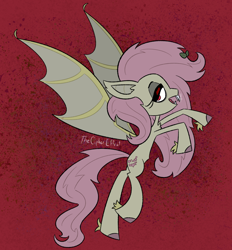 Size: 1060x1140 | Tagged: safe, fluttershy, bat pony, g4, bat ponified, ear fluff, flutterbat, flying, hair accessory, red background, simple background