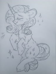 Size: 3137x4129 | Tagged: safe, artist:starkey, rarity, pony, unicorn, g4, chest fluff, cute, ear fluff, eyes closed, female, full body, mare, monochrome, pencil drawing, sketch, smiling, solo, sparkles, traditional art