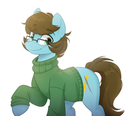 Size: 1000x930 | Tagged: safe, artist:higglytownhero, oc, oc only, oc:modular, earth pony, pony, blushing, clothes, earth pony oc, glasses, looking at you, male, raised leg, simple background, solo, stallion, sweater, three quarter view, white background